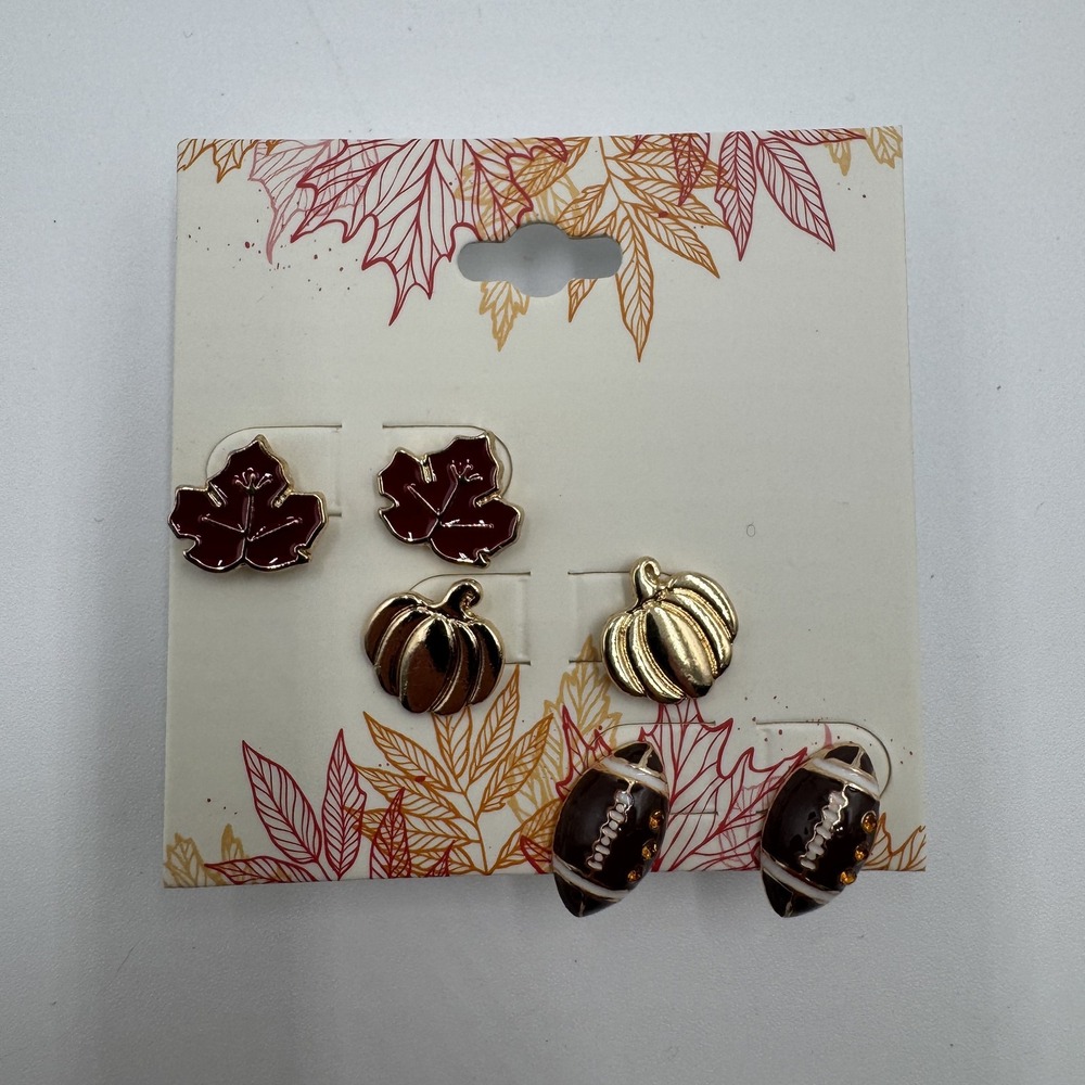 Fall Autumn Stud Earring Set Leaf Pumpkin Football Gold Tone 3 Pair NWT